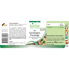 Fairvital | Bio Gerstengras Presslinge - 180 Tabletten - Hoch bioverfügbar - qualitätsgeprüft und hochdosiert - 100% vegan - Made in Germany