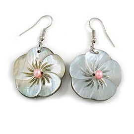 Mother of Pearl Floral Drop Earrings/Silver Tone Hook/ 50mm L