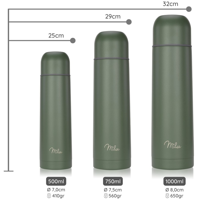 Milu Thermos Flask, Thermos Jug, 1 L, 750 ml, 500
