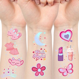 Sleepover Party Temporary Tattoos for Girls Pink Bulk 210 Pcs Glitter Tattoos Kids Pajama Party Supplies Movie Night Birthday Goodie Bag Favors