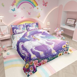 Erosebridal Rainbow Unicorn Bedding Set Twin for Princess,Purple Unicorn Kids Comforter Sets with Stars Cloud for Girls,Cartoon Rainbow with Flower Duvet Insert with 1 Pillowcase Bedroom Decor