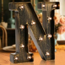 OYCBUZO Golden Black Led Marquee Letter - Industrial, Vintage Style Light Up Alphabet Letter Sign for Cafe Wedding Birthday Party Christmas Lamp Home Bar Initials Decor - N