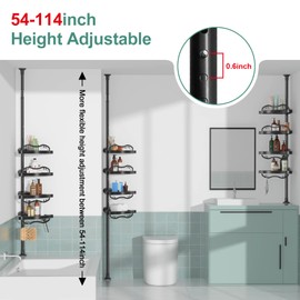 COCONUT Corner Shower Caddy Tension Pole, 54-114Inch Rust-proof 4 Tier Shower Organizer, Drill Free Telescoping Shower Shelves for Bathroom Bathtub (Black)