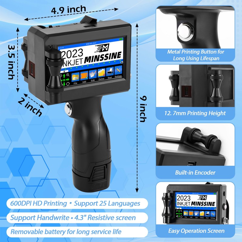 Minssine Handheld Inkjet Printer Gun MS-Z10 with 42ml Quick-Drying Ink