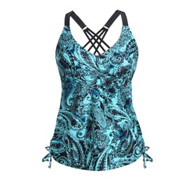 Tempt Me Women Tankini Top Only V Neck Swim Tops Tummy Control Bathing Suit Top No Bottom, Blue Paisley, X-Large