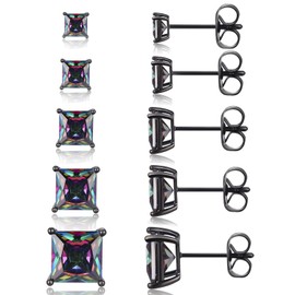 5 Pairs Multipack Earrings Sets for Women Men, 3/4/5/6/7mm Princess Square Studs Black Gold Plated Crystal Jewelry for Cartilage Hypoallergenic, 18K Black gold plated, gemstone