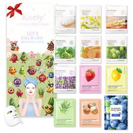 Kaely 12 Pack Variety Sheet Masks, Spa Party Face Masks for Kids Teens Skin Care, Facial Mask Skincare Set, Moisturize Brighten Nourish for All Skin Types, Birthday Gifts for Women Men Girls, Set03