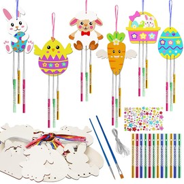 Aurasky Easter Wind Chime Craft Set Children 12 Pieces Easter Crafts Easter Bunny Easter Chick Carrot Easter Eggs Wooden Pendant for Painting Wind Chime for Easter Decoration Spring Boys Girls