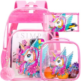 ZLYERT 3PSC Pink Clear Backpack, 16" Heavy Duty Transparent Bookbag for Girls Women, Large See Through PVC School Backpacks with Lunch Box(Pink Unicorn)