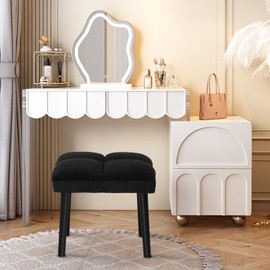 HOUCHICS Black Ottoman Stool, Square Makeup Stool with Wooden Legs, Small Ottoman Stool Chair for Vanity, Modern Padded Sofa Seat Foot Rest Stool(Black)
