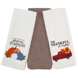 Autumn Thanksgiving Kitchen Towels: Decorative Gnomes and Autumn Pumpkin Funny Prints on Herringbone Pattern, Cotton Fabric with Easy to Hang Fabric Loop