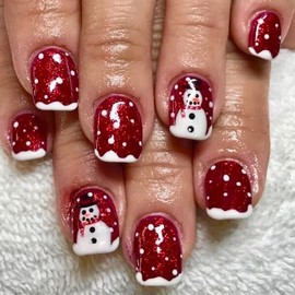 Christmas Press on Nails Short Square MABKJLF French Tip Fake Nails Cute False Nails with Snowman Polka Dots Glitter Designs Glossy Glue on Nail Full Cover Acrylic Nails for Women Girls 24Pcs