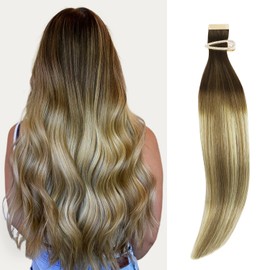 Marat Tape in Hair Extensions, Walnut Brown to Ash Brown and Bleach Blonde 24 inch 50g Tape in Hair Extensions Real Human Hair Natural Straight Human Hair Tape in Hair Extensions