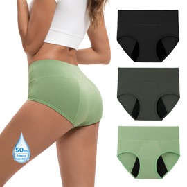 INNERSY Women's Period Underwear Bamboo Viscose High Waisted Heavy Flow Panties Incontinence Briefs 3 Pack (Black/Gary/Green,X-Large