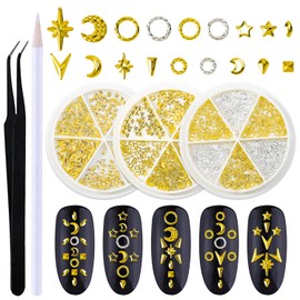 XEAOHESY 3 Boxes Gold Nail Charms for Nails Ring Irregular Shape Star Moon Metal Nail Rivets Silver Nail Studs 3D Nail Art Jewelry Decoration for Acrylic Nails With Rhinestone Pickup Pen and Tweezers