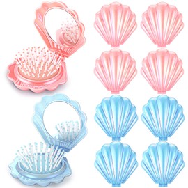 Meanplan 12 Pcs Mini Foldable Travel Hair Brush with Mirror Shell Shape Pocket Makeup Mirror Compact Hair Massage Comb Brush for Women Girls Hairstyles Bridal Shower Gift Party Supplies (Blue&pink)