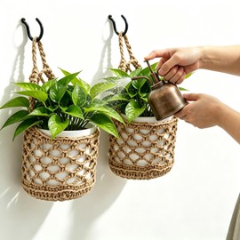 VMEECARL 4-Pack 5-Inch Macrame Wall Plant Hangers, Natural Cotton Hanging Planter Baskets for Indoor Plants, Boho-Style Woven Plant Baskets for Walls, Small Hanging Pots for Succulents
