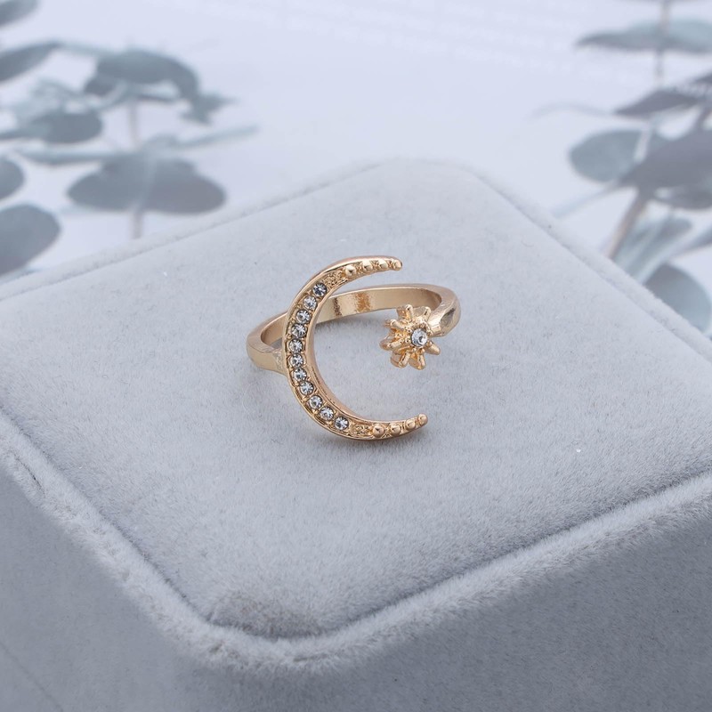 TseenYi Crystal Star Moon Adjustable Ring Gold Crescent Adjustable Ring