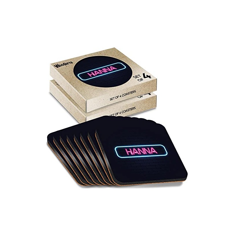 8 x Square Coasters - Neon Sign Design Hanna Name