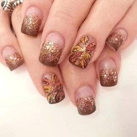 Fall Brown Glitter Press on Nails Short Square Fake Nails with Maple Leaf Designs Thanksgiving False Nail Autumn Maple Leaves Stick on Nail for Women 24Pcs