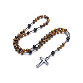 PiercingJak Catholic Rosary Cross Chain Men Women Necklace with Hematite Cross Pendant Gemstone Crystal Jewellery Christian Religious Prayer Communion Christening Gifts for Men Women, Gemstone