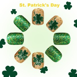 24Pcs St Patrick's Day Press on Nails Short Square Golden Green Fake Nails with Glitter Shamrock Designs Stick on Nails Cover Acrylic False Nails for Women Girls Manicure Accessories