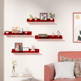upsimples 4 Pack Acrylic Shelves for Wall Storage, 15" Floating Bookshelves for Kids, Display Shelf Organizer for Bathroom, Bedroom, Living Room Decor, Kitchen, Clear Red