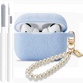GARTOO Flower Engraved Case for Airpods Pro 2nd/1st Generation Case Cover with Cleaner Kit, Silicone Skin Airpod Pro Protective Case with Luxury Pearl Keychain for iPods Pro 2/1 Case 2023 2022 2019