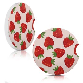 Car Cup Holder Coaster, Car Coasters for Cup Holder, 2 Pack Absorbent Ceramic Car Coaster with Finger Notch & Cork Base, Cute Car Interior Accessories for Women(Cute Boho Strawberry)