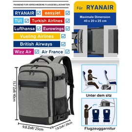 KLOSTAIN Hand Luggage Backpack for Ryanair Easyjet Hand Luggage Laptop Backpack Airplane Travel Backpack Bag for Men and Women, gray