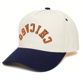 Funky Junque Retro Chicago Hat – Baseball Cap with Upside Down City Arched Embroidery – Unisex Adjustable Snapback for Football, Game Day, Tailgating – Chicago (Navy/Beige)