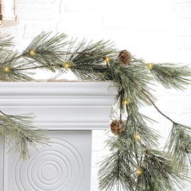6.4ft Smokey Christmas Garland with Lights, Prelit Natual Rustic Cedar Pine Garland with Pine Cones for Home New Year, Mantle, Farmhouse Indoor Outdoor Decoration