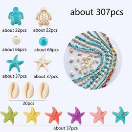 HERZWILD 307Pcs Turquoise Sea Turtle Beads Blue and White Starfish Tortoise Turtle Charms Summer Ocean Animal Spacer Beads Shell Jewelry Making Kit DIY Bracelet Necklace(Colorful)
