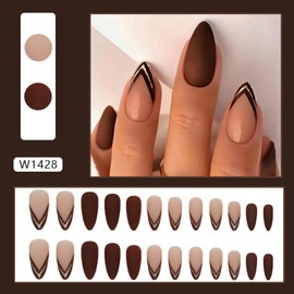 24Pcs Fall Press on Nails Almond Medium Fake Nails with French Tip Glitter Designs False Nails Full Cover Nude Brown Matte Stick Glue on Nails for Women Girls Autumn Nail Decorations Supplies