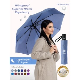 Windproof Travel Umbrella - Compact, Light, Full Automatic Open/Close - Folding Backpack Umbrella for Rain & Sun UV Preotection For Men & Women, Unbreakable 8 Fiberglass Ribs UK Design (Pigeon Blue)