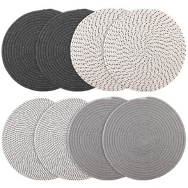 Round Woven Placemats Set of 8 Heat Resistant Placemats 13.5 Inches Farmhouse Cotton Rope Place Mats for Dining Tables Trivets for Hot Dishes, Grey Set