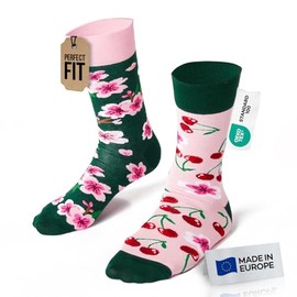 Many Mornings - Mismatched Socks - Funny Socks Unisex - Sizes 35-46 - Gift Idea - Made in EU - Natural, Cherry Blossom