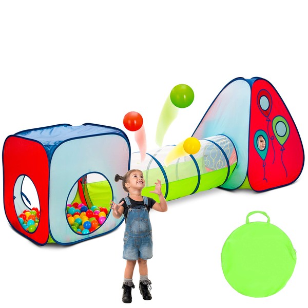 Kiddey Tunnel and Ball Pit Play Tent | 3pc Pop Up Toddler Gym Tunnels with Tents for Kids, Toddlers, Infants Boys & Girls | Indoor & Outdoor Gift Game | Baby Crawling Pits for Playground