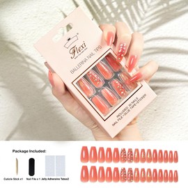 30PCS Long Coffin Press On Nails – Red Glitter Fake Nails with Rhinestones, Stick-On Nails Kit with Jelly Adhesive Tabs Included, Easy DIY Reusable Manicure Nail Tips Kit for Women & Girls