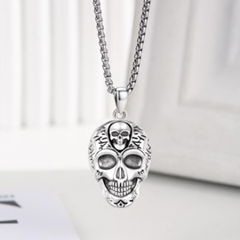 REDSUN Skull Necklace 925 Sterling Silver Skull Pendant Necklace Chain Skull Goth Jewellery Gifts for Men and Women, Sterling Silver, No gems