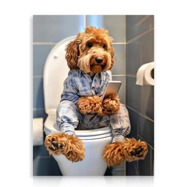 Dazzlewall Funny Animal Bathroom Wall Art, Dog Playing with Phone on Toilet Canvas Painting for Toilet Bathroom 12x16 Inch Unframed