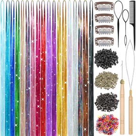 Aokomisu Hair Tinsel, 18 Colors 7800 Strands 48 Inch Glitter Tinsel Hair Extensions Kit Heat Resistant Daily Use Festivals Shiny Fairy Hair Accessories for Girls Kids Women (18 Colors)