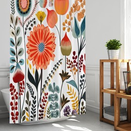 KAIRA Colorful Floral and Leaf Pattern Shower Curtain with Hooks, 72" W x 72" L, Waterproof and Durable Polyester Fabric, Easy to Clean, Quick-Drying Bathroom Decor