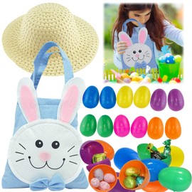 HOVUK 14Pcs Easter Egg Hunt Game Day Costume Set | Yellow Bonnet Hat, Eggs and Blue Felt Bag Set | Easter Bucket Filler Eggs
