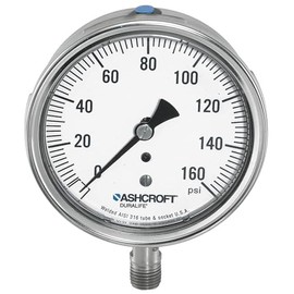 Ashcroft Duralife Type 1009SW Stainless Steel Case Dry Filled Pressure Gauge, Stainless Steel Tube and Socket, 2-1/2" Dial Size, 1/4" NPT Lower Connection, 0/300 psi Pressure Range