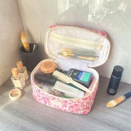 WYJ Pink Large Quilted Floral Makeup Bag Cute Soft Coquette Aesthetic Cosmetic Bag Cotton Travel Toiletry Bag for Women