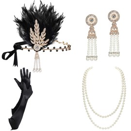 BABEYOND 1920s Accessories Set, Women's Gatsby Costume Accessories Set Including Headband, Necklace, Gloves, Earrings, Plastic