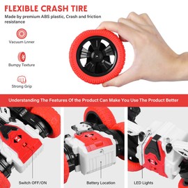 Carro de Control Remoto, 4WD 2.4GHz Coche RC de Acrobacia, Carro Control Remoto Todo Terreno con LED, 360 ° Rotación de Doble Cara, Coche Juguete Recargable, Regalo para Niños 4-12 Años - Rojo