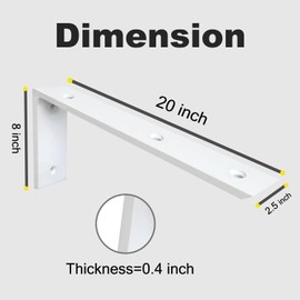 WINKER Countertop Support Bracket 2 Pack Heavy Duty 3/8" Thick Hidden L Shelf Bracket 20" x 8" x 2.5" Metal Corbels for Quartz/Granite/Wood/Concrete/Laminate Countertops, White (6 Hole)
