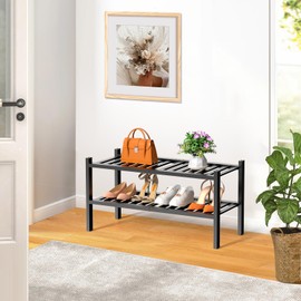 RONGJIA 2 Tier Bamboo Shoe Rack for Closet Free Standing Wood Shoe Shelf Storage Organizer for Entryway Small Space Stackable, Black